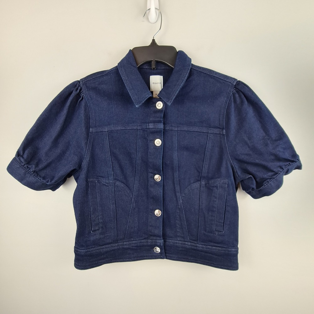 Maeve Anthropologie Dame Dark Wash Denim Puff Short Sleeve Cropped Jacket M